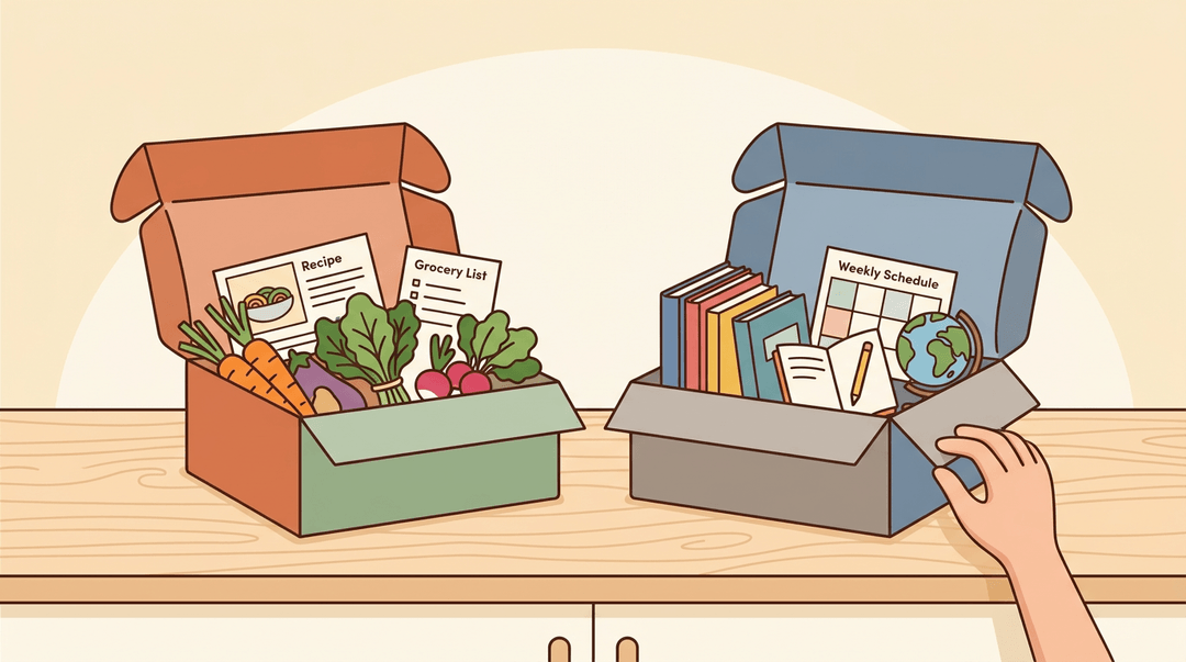 Two open boxes on a counter: one with food supplies, the other with homeschool books and tools.