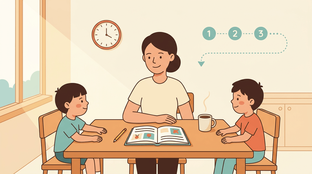 A calm parent and two children at a kitchen table with one open lesson book, pencil, and coffee mug.