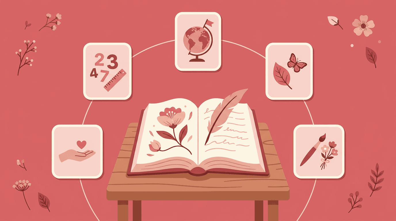 Open storybook surrounded by icons representing math, science, art, history, and character virtues on a wooden table.