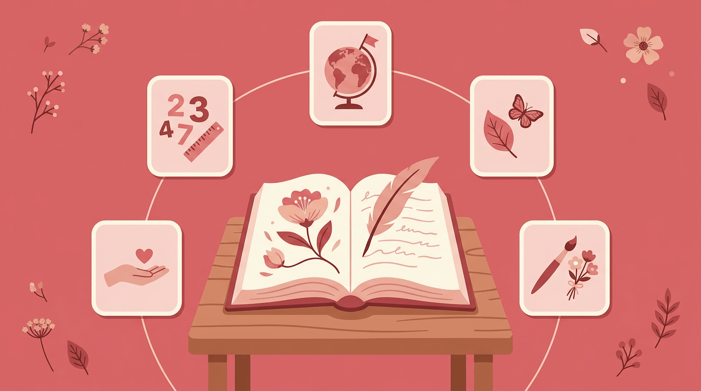 Open storybook surrounded by icons representing math, science, art, history, and character virtues on a wooden table.