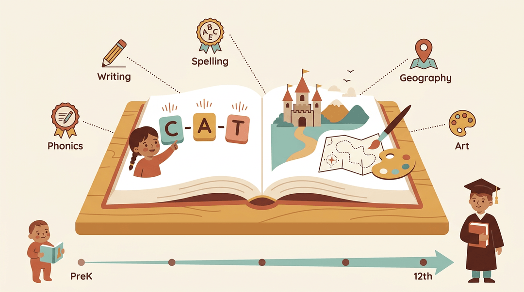 A flat vector illustration shows a storybook with phonics blocks and art tools, surrounded by icons for writing and geography, above a timeline from toddler to graduate.