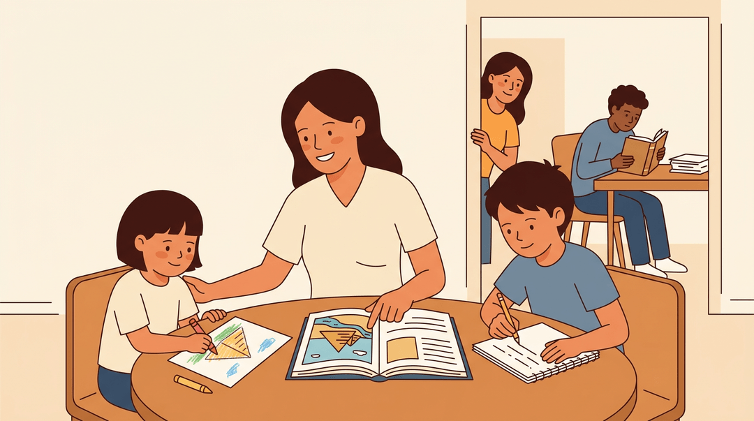 A mother guides two young children reading about Egypt while a teen studies independently in the background.