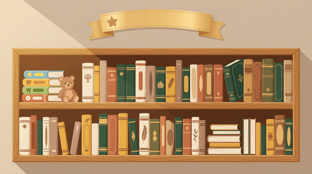 A flat vector illustration shows a wooden bookshelf with books for all ages, from picture books to classics, under warm light.