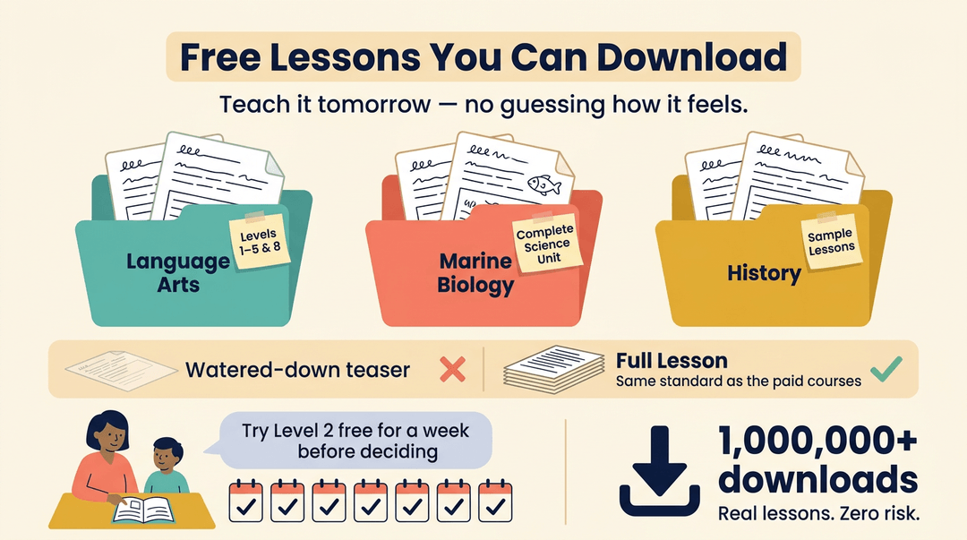 Three folders for Language Arts, Marine Biology, and History display free downloadable lessons with a week-long trial scenario and one million downloads.