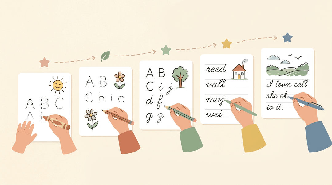 Five sheets show handwriting progression from tracing print letters to writing cursive sentences, with simple drawings at each stage.