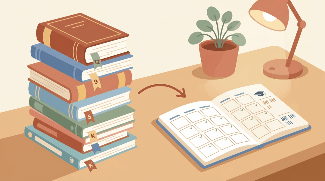 A stack of K-12 books connects via an arrow to an organized weekly planner on a desk.