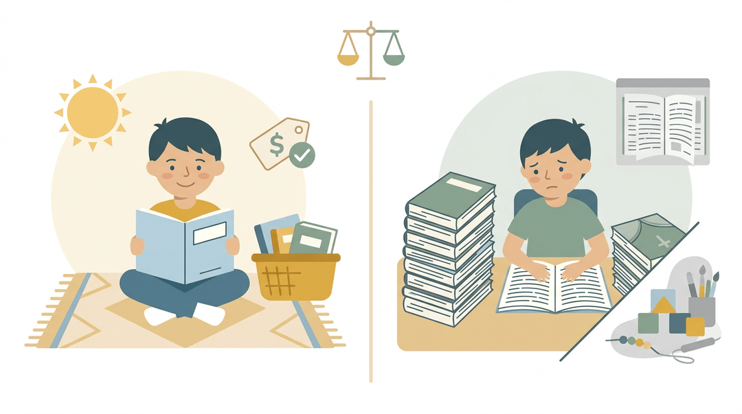 A split illustration compares affordable, independent reading on the left with overwhelming, text-heavy workbooks and unused manipulatives on the right.