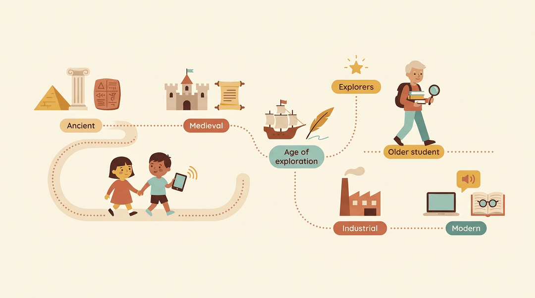 A timeline shows history from ancient to modern eras with characters exploring each period.