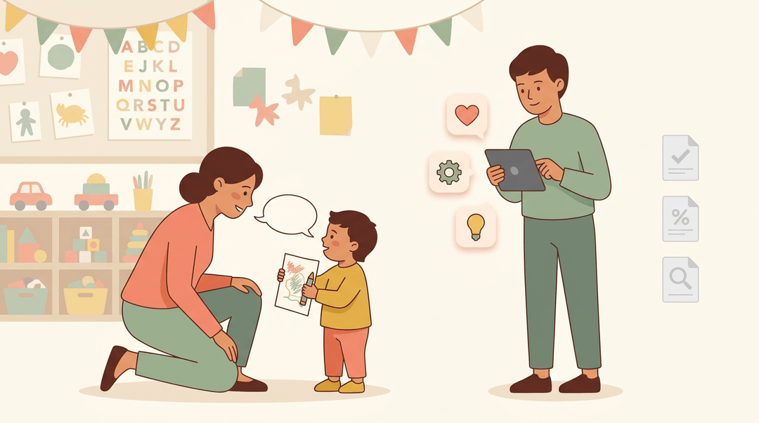 A teacher connects with a student while an observer focuses on interaction quality rather than test scores.