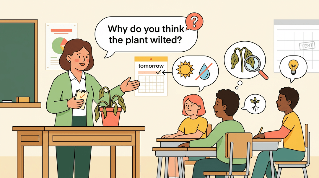 Teacher guides students to analyze a wilted plant's cause before a test.