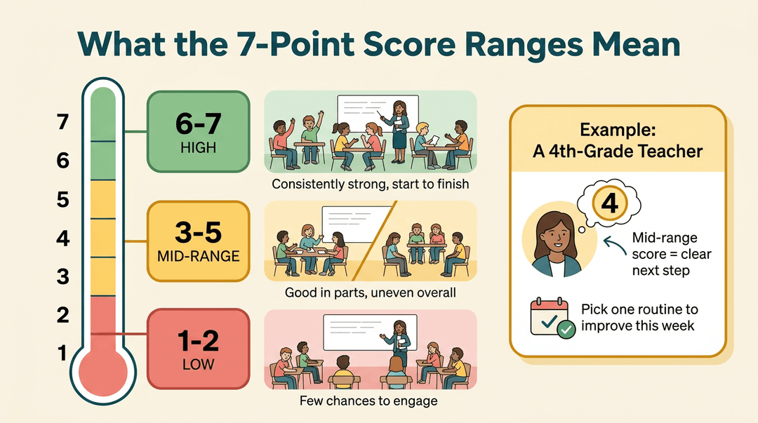 A vertical scale from 1 to 7 shows low, mid, and high classroom engagement levels with illustrative examples for each score range.