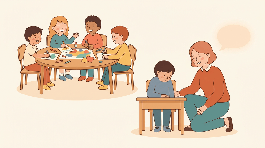 A teacher kneels to gently support a lonely student while peers work happily in the background.