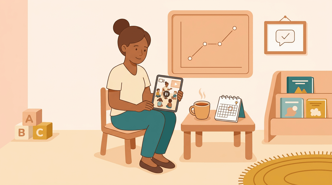 A teacher sits in a classroom holding a tablet showing a paused lesson, with tea and a notebook nearby.