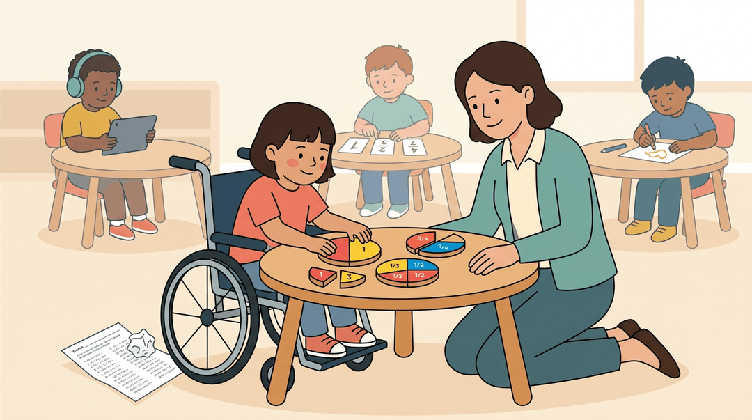 Teacher supports wheelchair student using tactile fraction kit while diverse peers learn nearby.