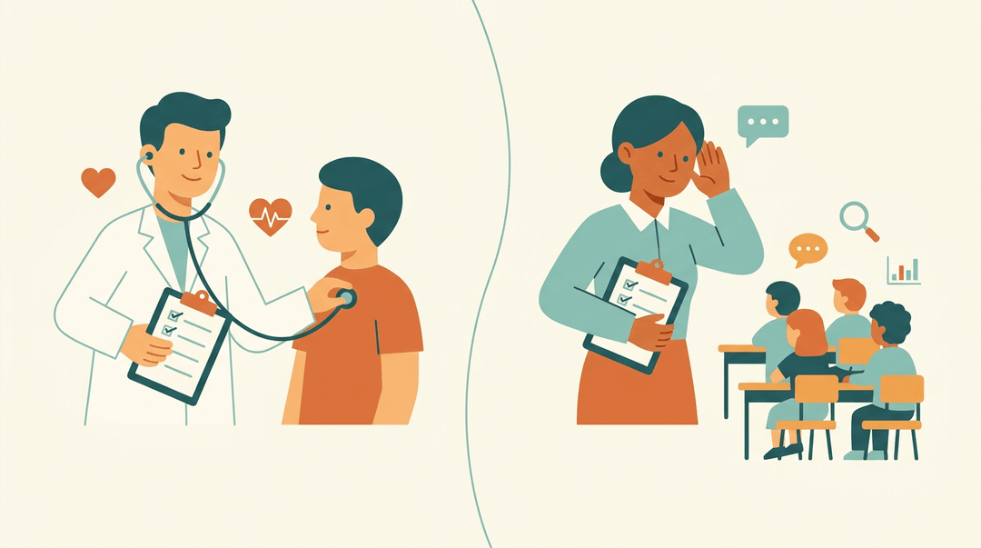 Split illustration comparing a doctor's checkup to a teacher's assessment, both using clipboards and attentive listening.