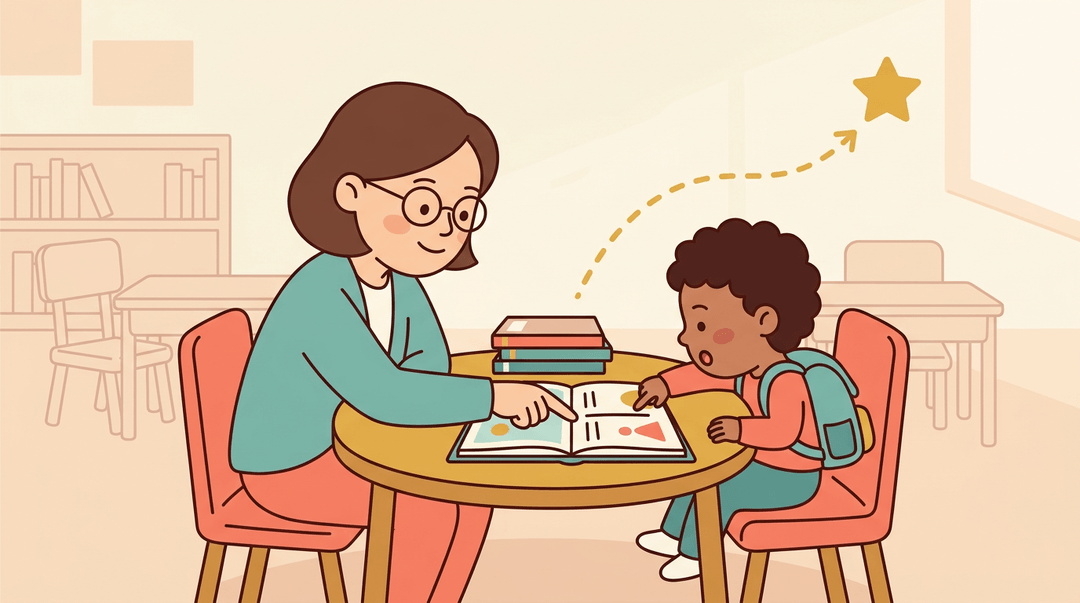 A tutor and first-grader share a book at a small table, with a dotted arrow showing the child's progress toward a star.