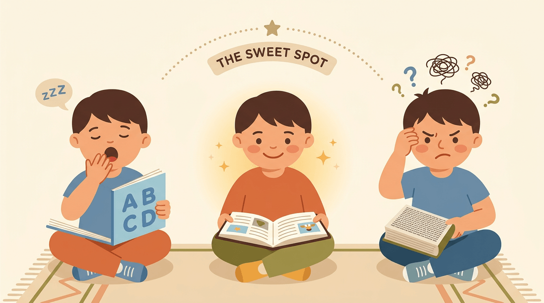 Three children show reading levels: bored with easy text, frustrated by hard text, and happy with the perfect medium book.