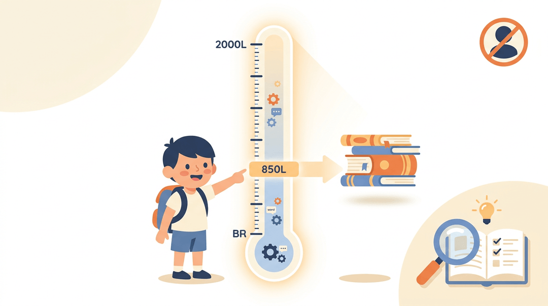 A child stands at the 850L reading level on a scale, connected by a bridge to a stack of books, illustrating finding appropriate text difficulty.