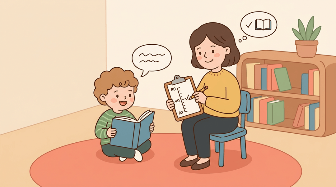 A teacher sits with a student reading aloud, checking comprehension on a clipboard.
