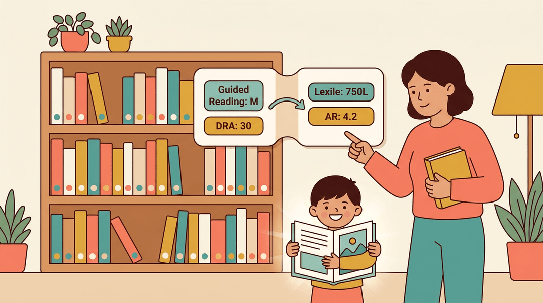 Parent and child in a library aisle view a chart converting reading levels, with color-coded books symbolizing a perfect match.