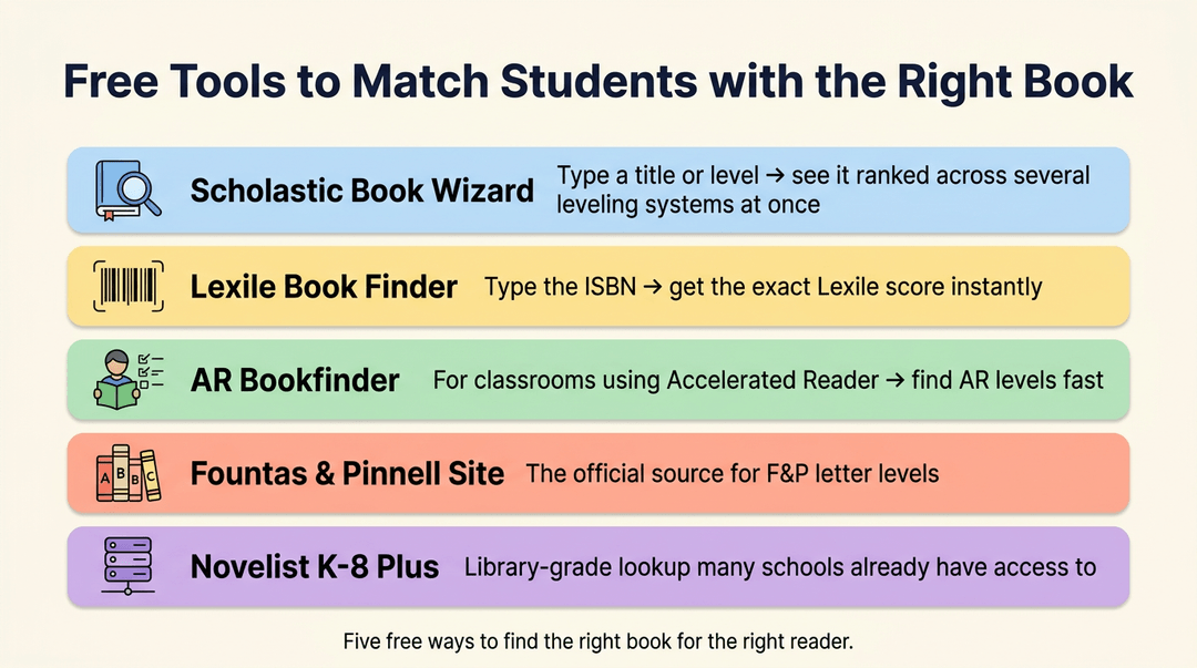 Five free tools to match students with the right book, including Scholastic Book Wizard and Lexile Finder.