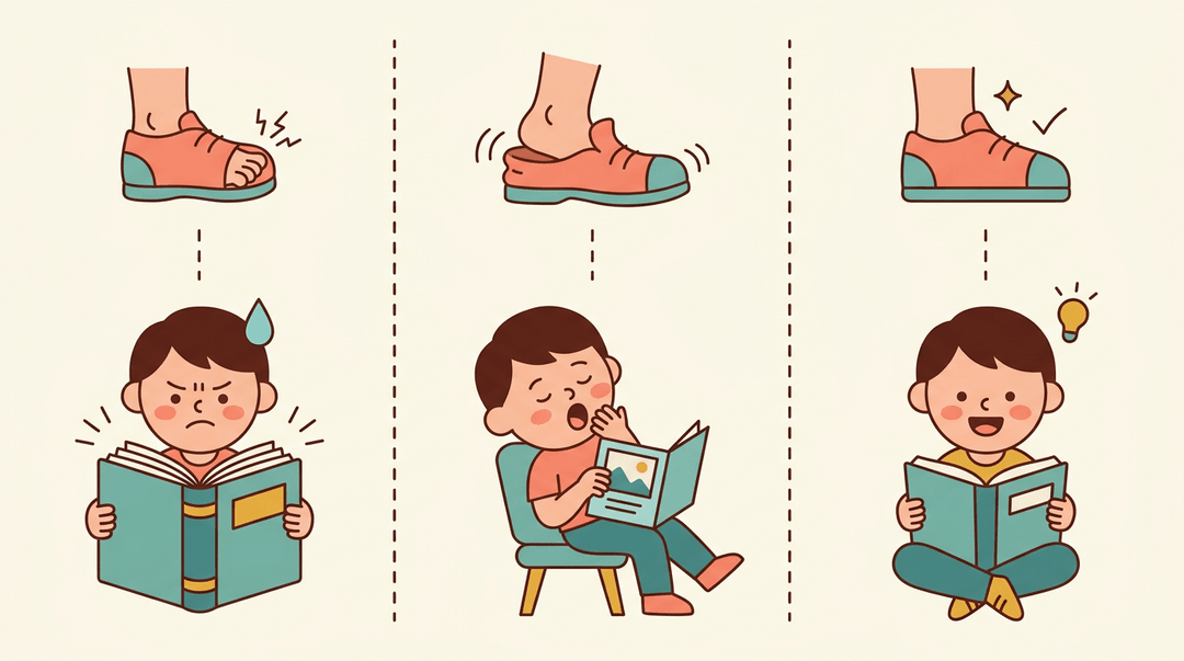 Three-column comparison showing how ill-fitting shoes represent difficult or easy books, while a perfect shoe fit illustrates a just-right reading level.