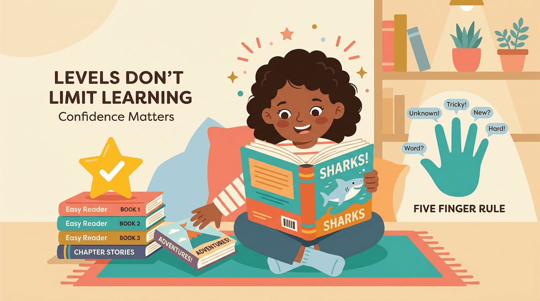 Child reading a shark book with sparkles, next to stacked books and a five-finger rule icon in a cozy nook.