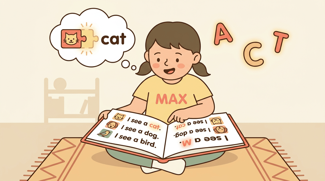 A child reads a book showing 'I see a cat' with icons, connecting the word to a picture and their name's letter.