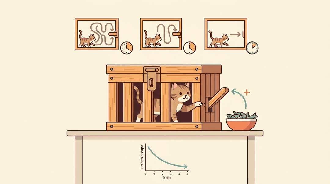 A cat learns to escape a puzzle box faster over time, showing the law of effect through trial and error.
