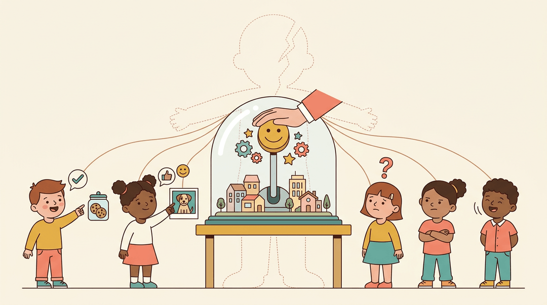 A teacher pulls a lever inside a dome, while five diverse children react differently to the same reinforcement system.