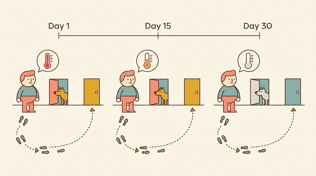 A timeline shows fear fading over 30 days while avoidance behavior remains unchanged, depicted by consistent detours despite shrinking fear icons.