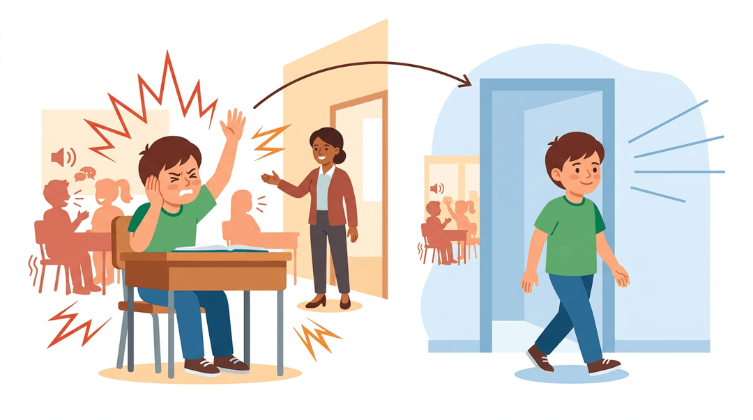 Student leaves noisy classroom for quiet hallway, showing relief from sensory overload.