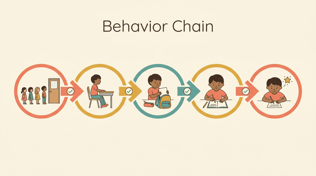 Flowchart showing a child's morning classroom routine steps: lining up, sitting, unpacking, preparing to write, and writing.