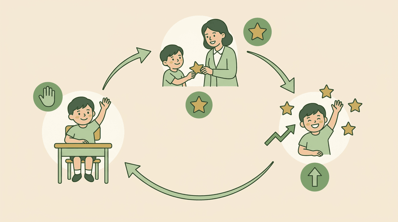A circular diagram showing a student raising their hand, receiving a star for positive reinforcement, and repeating the behavior.