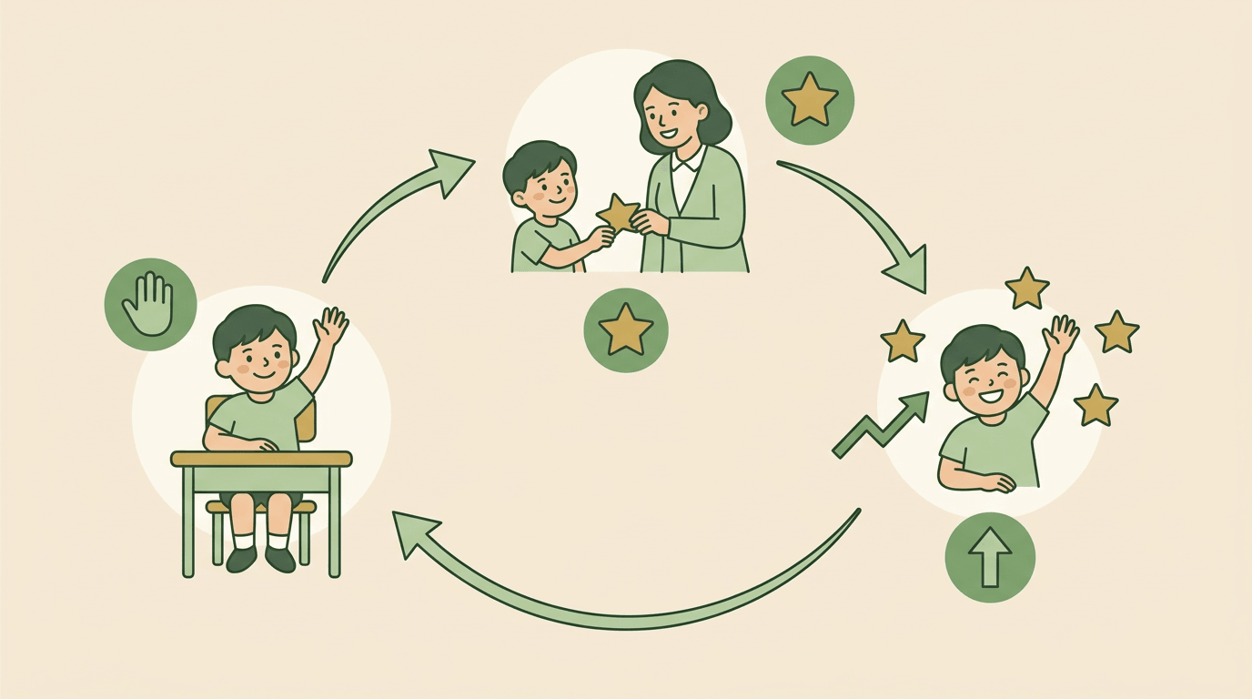 A circular diagram showing a student raising their hand, receiving a star for positive reinforcement, and repeating the behavior.