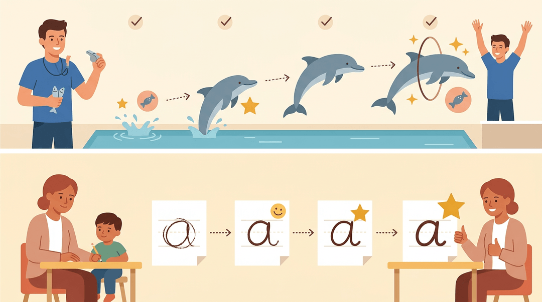 Two panels show shaping via successive approximations: a dolphin leaping through hoops and a child mastering handwriting, both progressing step-by-step toward success.