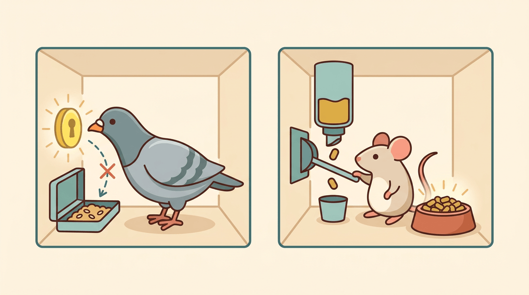 Side-by-side scenes show a pigeon pecking a key and a mouse pressing a lever, illustrating operant conditioning where effort yields food despite free options.