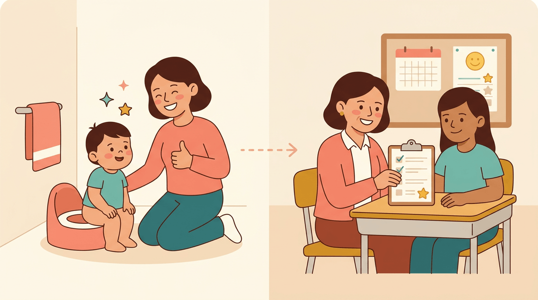 Side-by-side panels show a parent praising a toddler and a teacher rewarding a teen, illustrating consistent positive reinforcement across ages.