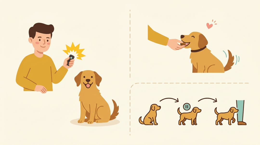 Three-panel illustration showing dog training steps: using a clicker, giving a treat, and practicing commands like sit and stay.