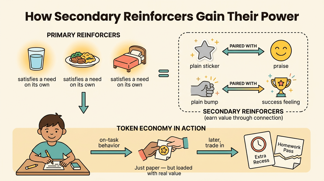 Diagram showing how secondary reinforcers gain value through pairing with primary needs, illustrated via token economy.