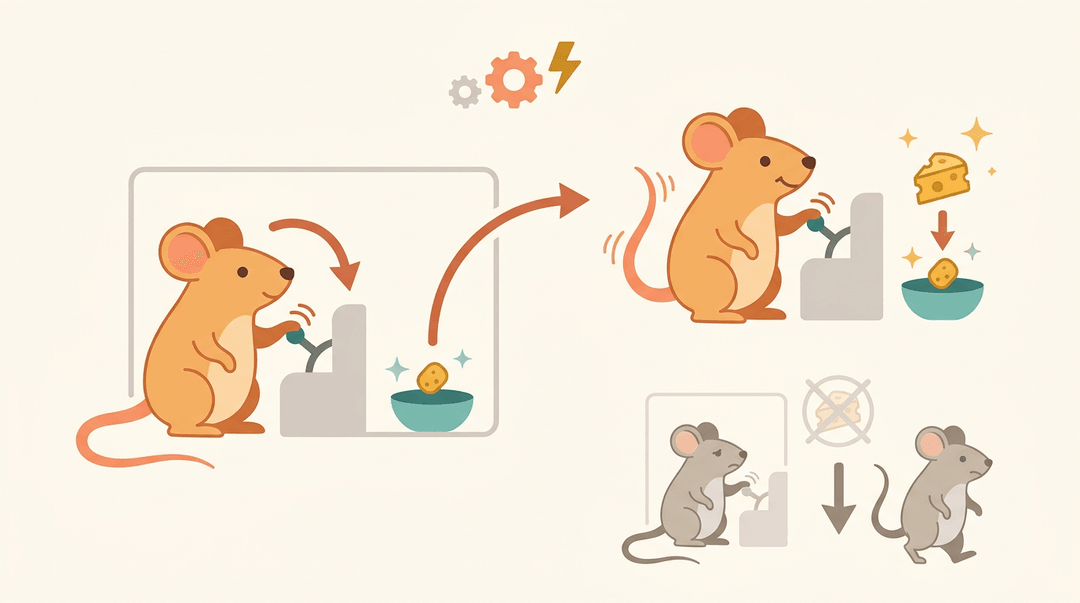 A cartoon mouse presses a lever to get cheese, showing how rewards strengthen behavior while lack of reward weakens it.