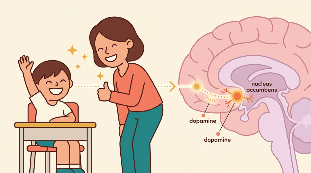 A teacher praises a student, triggering dopamine and strengthening brain connections in the nucleus accumbens.