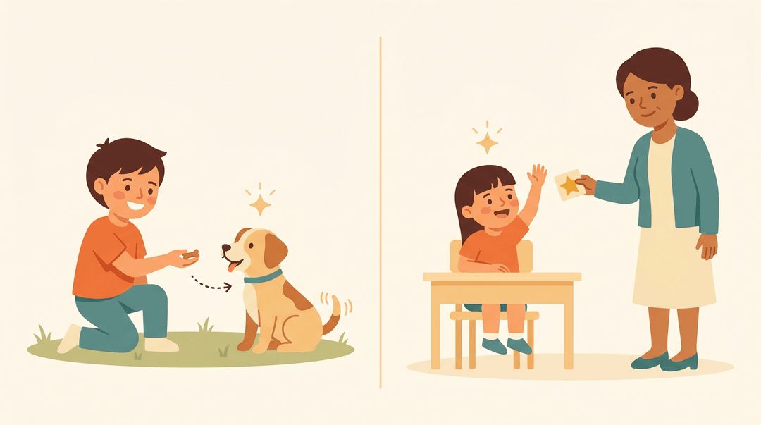 A split illustration compares rewarding a puppy with treats to praising a student with a sticker, showing identical positive reinforcement.
