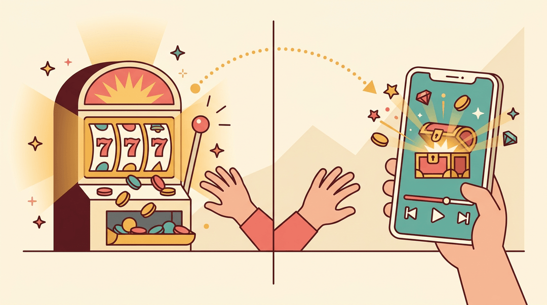 Split image comparing a slot machine and a loot box, showing identical hand gestures and reward patterns to highlight similar gambling behaviors.