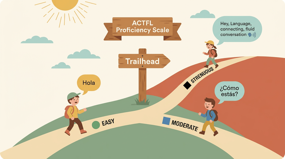 A signpost shows language proficiency levels like hiking trails, with hikers speaking more complex phrases as difficulty increases from easy to strenuous.