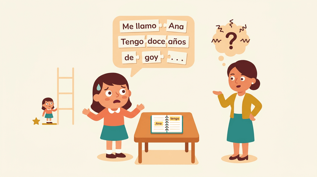 A student struggles to form Spanish sentences from scattered flashcards while a teacher watches, symbolizing rigid rote learning.