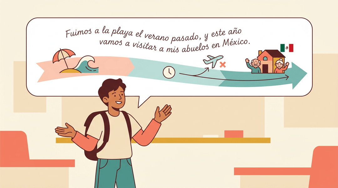 A student shares a story timeline with icons for past, present, and future visits to Mexico, showing resilience despite a small complication.