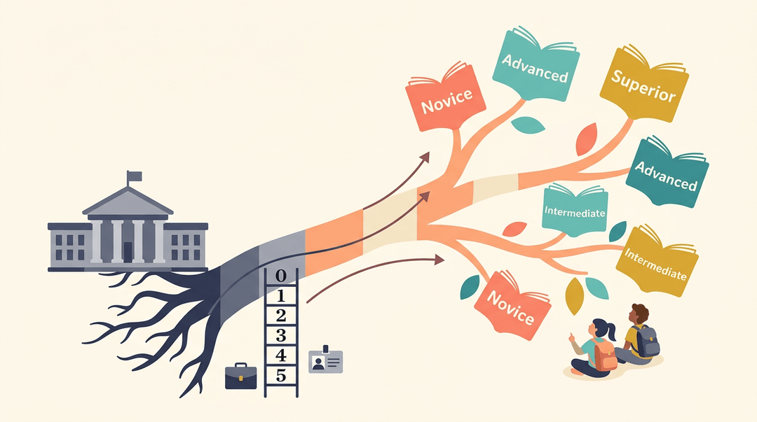 A tree transforms from a rigid government scale into academic proficiency levels, showing growth from novice to superior.