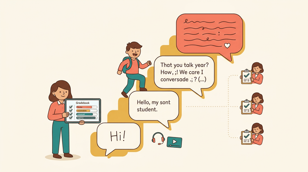 Student climbs speech-bubble stairs toward fluency while teacher tracks progress on a gradebook with consistent scoring.