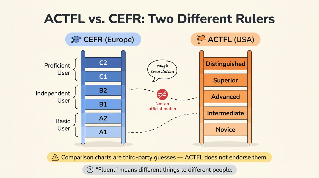 Infographic comparing CEFR and ACTFL proficiency scales with dashed lines showing unofficial, rough translations between levels.
